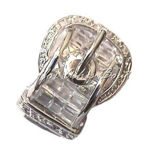 Ladies Clear Baguette Belt Buckle of Truth Cz Cubic Zirconia Silver Band Ring 6